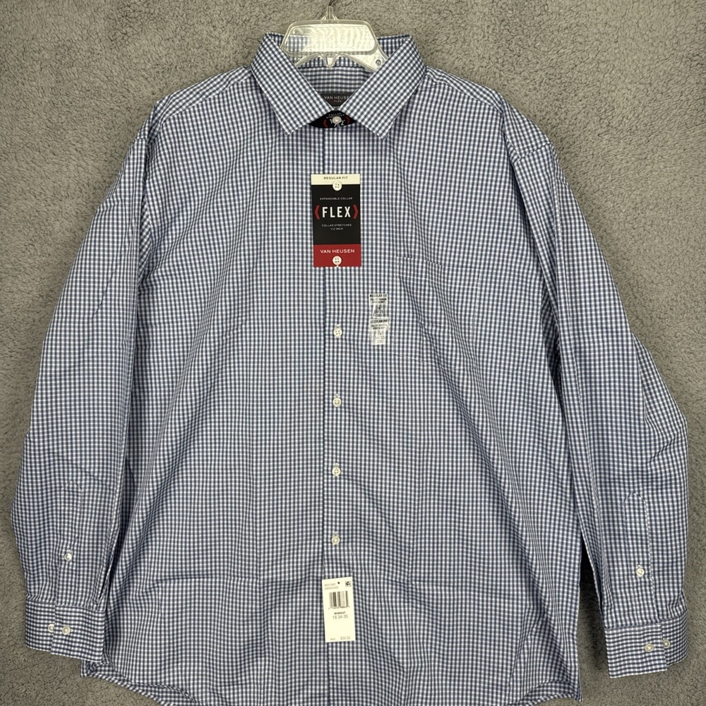 VAN HEUSEN Flex Dress Shirt Mens 18 36/37 XXL 2XL Blue Check Long Sleeve